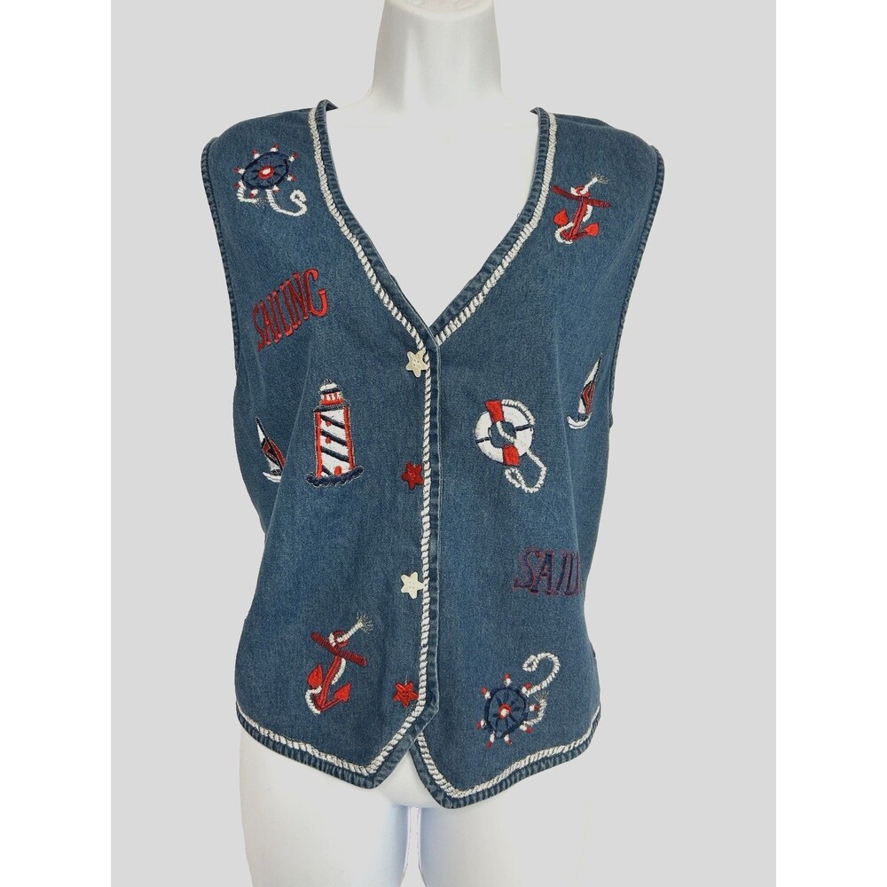 Keren Hart Women L Jean Vest Embroidered Star Buttons Sailing Nautical Coastal
